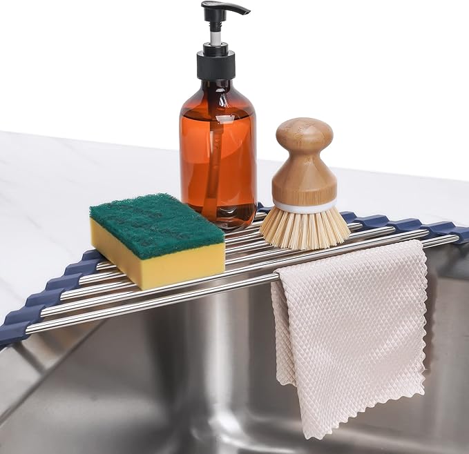 Tomorotec Triangle Roll-Up Dish Drying Rack for Sink Corner Small Foldable Stainless Steel Over The Sink Multipurpose Kitchen Drainer Caddy Organizer Storage Shelf Holder (Deep Blue) | BPA-Free Food-Grade Silicone Edges Foldable Waterproof Rustproof He...