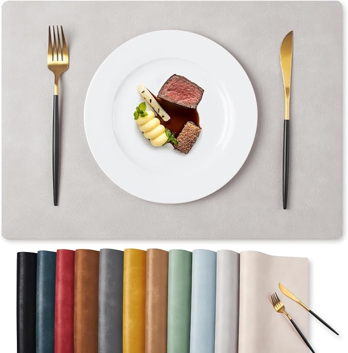 MOSAYT Vinyl Placemats Set of 6-12 X 17 Inch - Faux Leather 100% Waterproof Oil-Proof Wipeable PU Place Mats, Heat Resistant Reversible Table Mats for Kitchen, Dining, Outdoor, Light Grey
