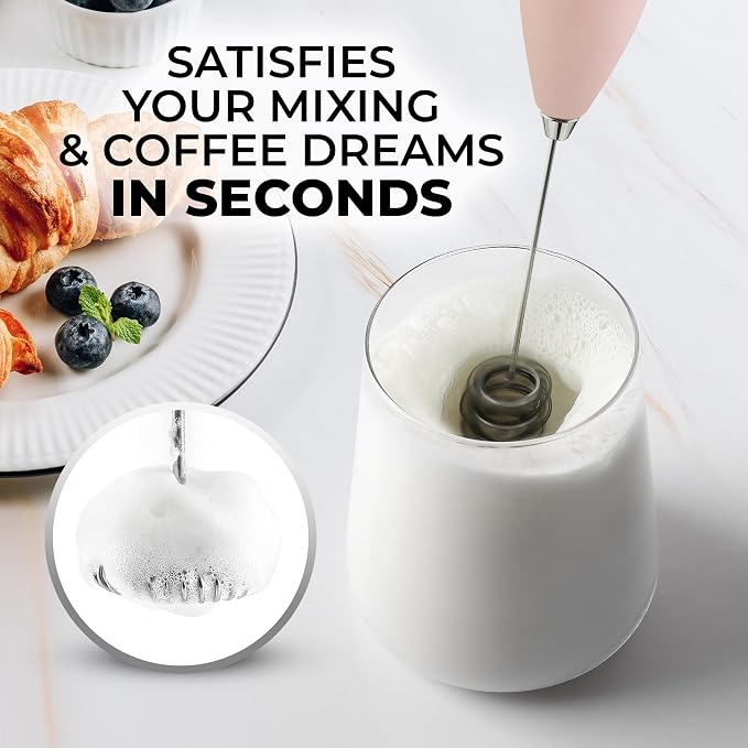 Zulay Kitchen Powerful Milk Frother Wand With Duracell Batteries - Ultra Fast Handheld Drink Mixer - Electric Whisk Foam Maker for Coffee, Lattes, Cappuccino & Matcha - Triple Whisk - Peach Pink