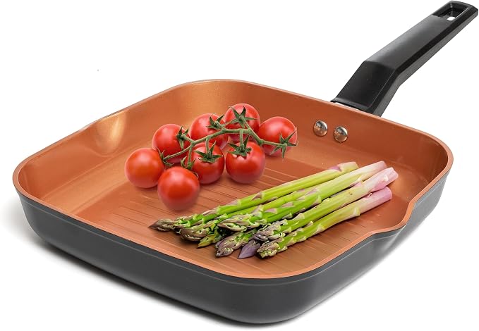 Moss & Stone 9.5" Grill Pan For Indoor Cooking, Induction Copper Pan | Aluminum Square Frying Pan Copper, Non-Stick Sauté Fry Pan for Meats & Vegetables, Griddle Nonstick Stove Top Grill Pan