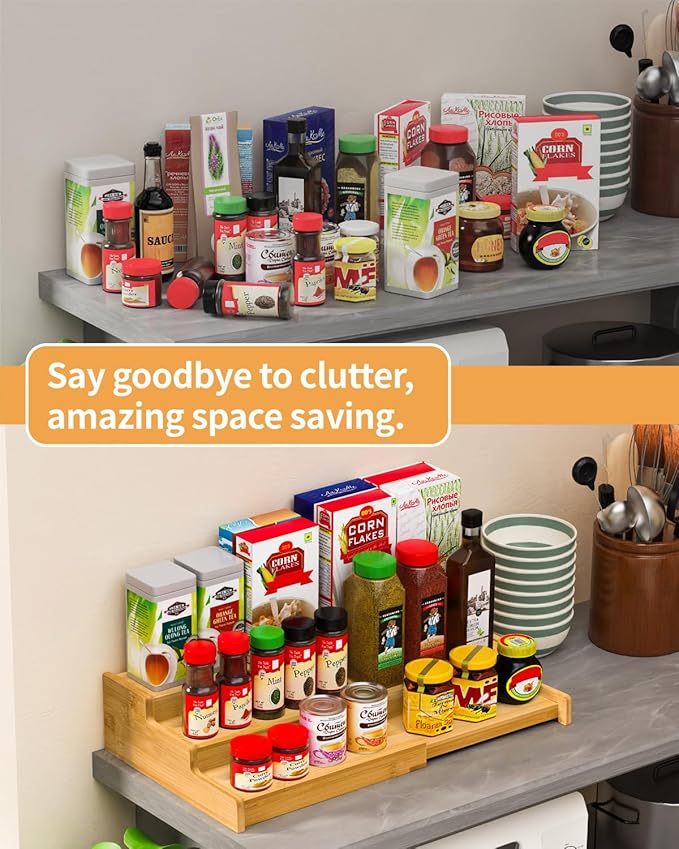 Spice Rack 3-Tier Natural Bamboo, Adjustable Cabinet Organizer Shelf | Expands 8.7-15.6"cabinets. Stepped design, labels visible.Storage organizer saves space, easy wipe. For spices, jars,cans.