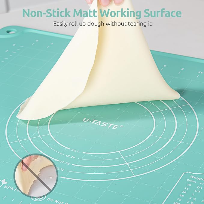 U-Taste Silicone Pastry Mat, Dough Rolling Baking Sheet, 16"x20", Aqua Sky | Food-Grade Liquid Silicone, Non-Stick Non-Slip, Baking Supplies for Pizza Cookie Pie Crust, Clear Measurement & Raised Edges