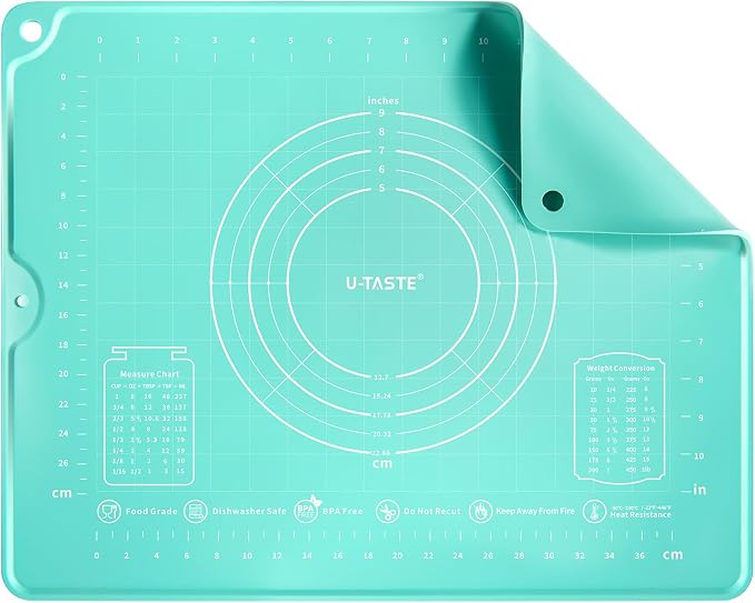 U-Taste Silicone Pastry Mat, Dough Rolling Baking Sheet, 16"x20", Aqua Sky | Food-Grade Liquid Silicone, Non-Stick Non-Slip, Baking Supplies for Pizza Cookie Pie Crust, Clear Measurement & Raised Edges