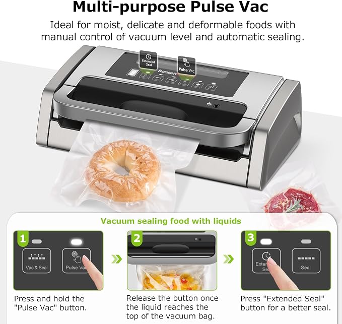 Bonsenkitchen Vacuum Sealer Machine with Globefish Technology, Low-Noise | Powerful Food Vacuum Sealer, High-Speed Continuous Working, Built-in Cutter & Bag Storage for Food Preservation, Silver