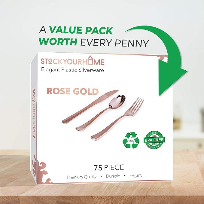 75-Pcs Heavy Duty (Rose Gold) Plastic Silverware Set, Disposable Cutlery Set, Great for Parties, Weddings, and Catering, Flatware Utensils Included: 25 Forks, 25 Spoons, 25 Knives, Stock Your Home