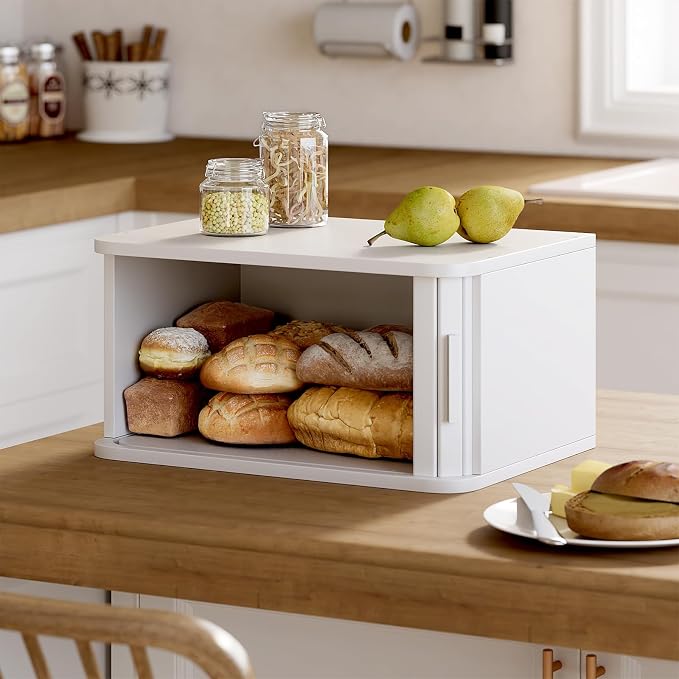 WOWLIVE Roll Top Bread Box for Kitchen Countertop, Bamboo Bread Storage | Airtight Bread Containers, Large Bread Bin with Sliding Door for Loaves, Bagels, Countertop Storage Cabinet, White, Medium