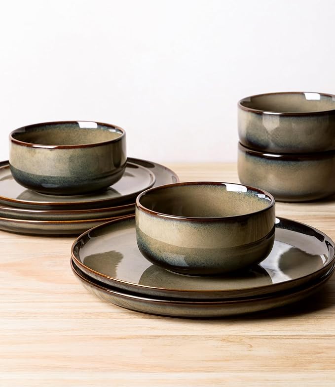 Ceramic Dinnerware Set for 4, 16-Piece Plates and Bowls Set | Handmade Reactive Glaze Dish Set, Scratch Resistant, Oven & Microwave & Dishwasher Safe, Mocha Brown