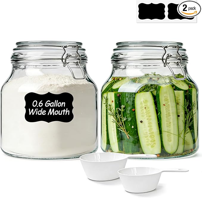 Glass Jars with Airtight Lids 0.6 Gallon 2 Pack Kitchen Canisters | Wide Mouth, Scoop Included, Flour Sugar Storage Containers,Baking Supplies,Leak Proof,BPA-Free,Pantry Organization, Pickling