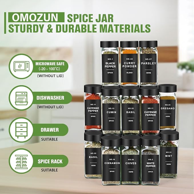 Spice Jars with Label, 24pcs 4oz Glass Spice Jars with Black Lids | Square Spice Containers with 304 Labels and Shaker Inserts, Empty Seasoning Bottles for Drawer, Cabinet, Seasoning Organizer