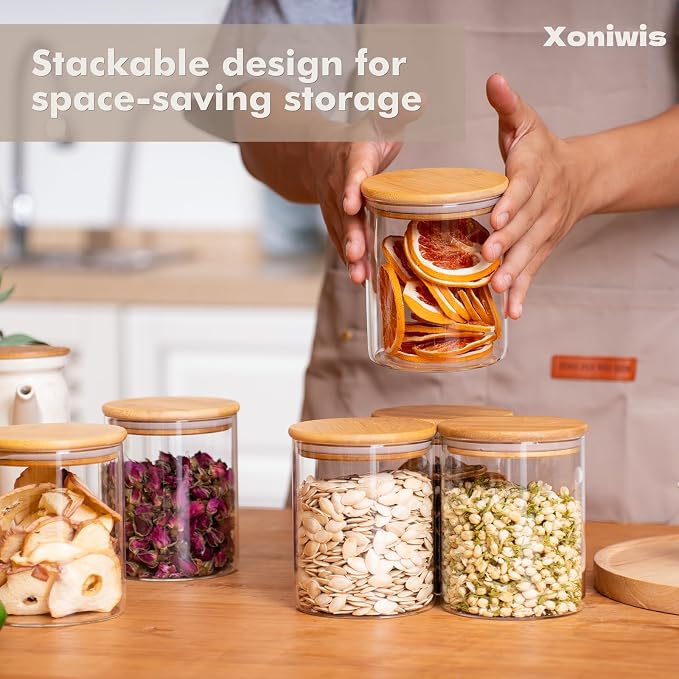 6-Pack 1Qt Round Glass Storage Jars with Bamboo Lids | Minimalist Kitchen Organizer,Pantry Storage Container,Food Storage Container,Scandinavian Style Storage,Nordic Style Storage