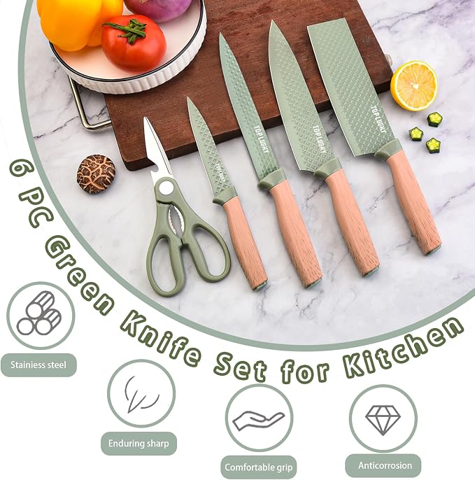 Kitchen Knife Set, Retrosohoo 6-Pieces Green Sharp Knife Set for Kitchen, Non-stick Non-slip Stainless Steel Chef Knife Set with Universal Knife Block Suitable for Home Restaurant (Green)