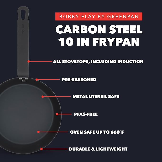 GreenPan x Bobby Flay 10" Pre-Seasoned Carbon Steel Frying Pan Skillet | Natural Nonstick with Use, Durable Cast Iron Alternative, Induction & All Stovetop Compatible, High Heat & Oven Safe to 660F