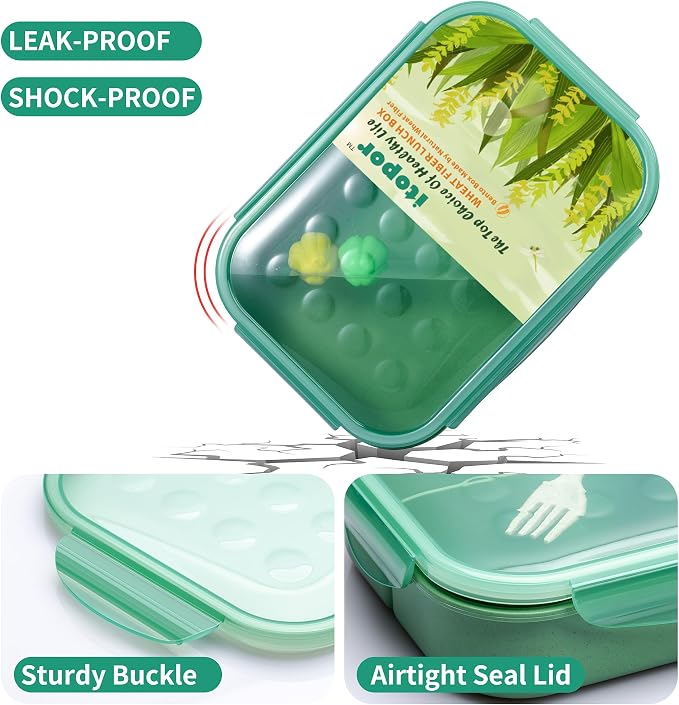 Itopor Bento Box for Kids & Adults, Lunch Box 46 oz / 1400ml, Sage Green | Wheat straw material, BPA-free, leakproof, 3 compartments, microwave & dishwasher safe, for school, office & travel