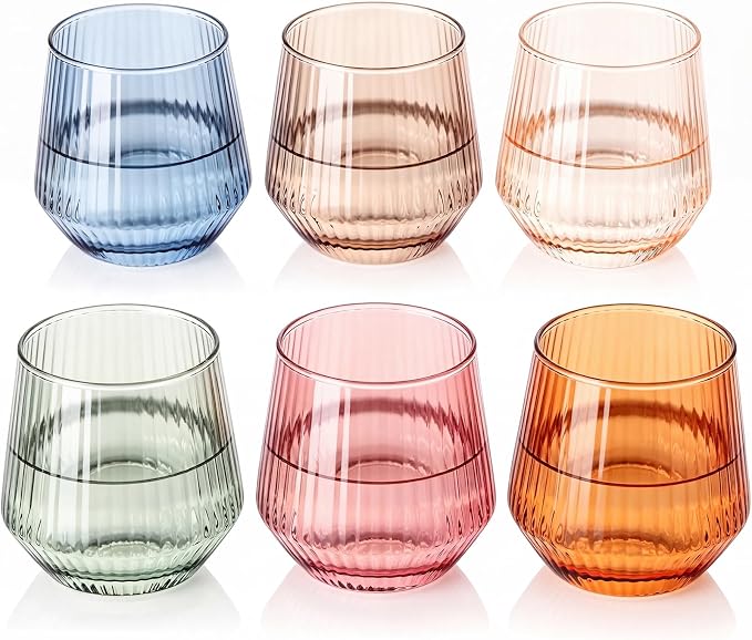 Colored Stemless Wine Glasses Set of 6, 12.5 Oz Ribbed Wine Glass,Coloful Drinking Glasses for Water, Cocktails, Champagne ,Ideal Gifts for Weddings, Bars, Christmas, Halloween,Party, Daily Use