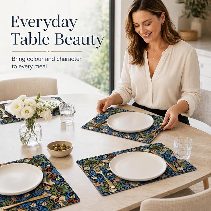 Pimpernel Morris & Co Strawberry Thief Blue Placemats, Set of 4 - Stain Resistant & Heat Safe Fabric-Feel Table Mats with Birds & Botanical Pattern for Stylish Dining & Entertaining