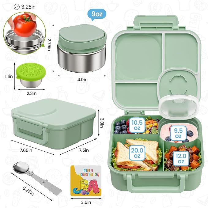wiwens Kids Bento Lunch Box with Soup Thermo Food Lunch Container for Kid | 4 Compartment Leak-Proof Kids Lunch Box,9oz Stainless Steel Insulated Hot Food Jar,for Boys Girls Toddler to School Travel