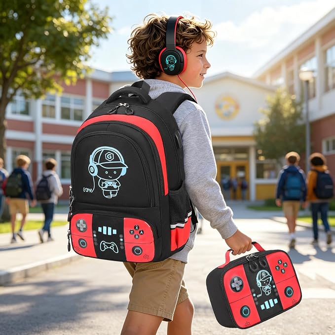 Backpack for School Boys, Cool Luminous Gamer Boys Schoolbag | with Lunch Box & Pencil Case Set for Kids Teens Elementary Middle School, Bookbag Glow In The Dark