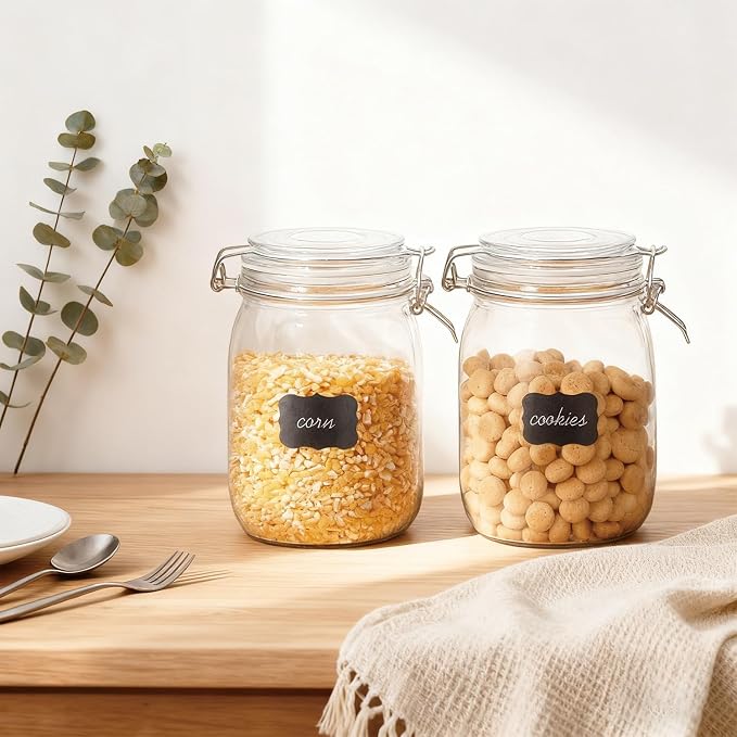 Flrolove 32oz Set of 4 Glass Kitchen Storage Canister Mason Jars with Lids | Airtight Glass Canister with Hinged Lid, Perfect for Kitchen Canning Cereal, Pasta, Sugar, Coffee Beans, Label & Chalk Marker