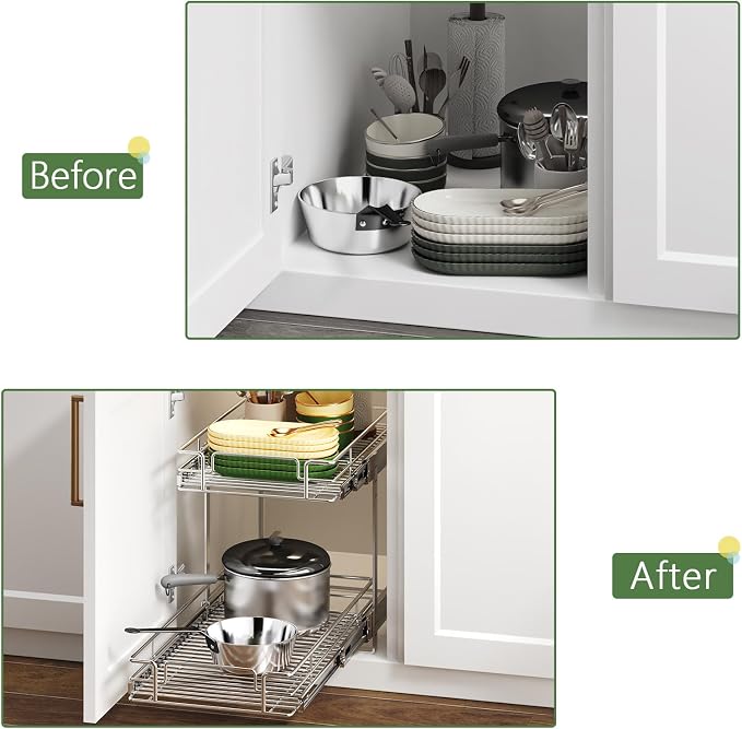 2 Tier Individual Pull Out Cabinet Organizer 12½" W x 21½" D, Heavy Duty Cabinet Pull Out Shelves, Slide Out Drawers Organization for Kitchen Cabinets Bathroom