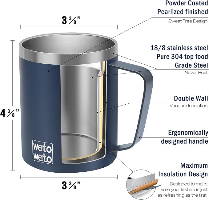 WETOWETO 14 oz Coffee Mug, Vacuum Insulated Camping Mug with Lid, Double Wall Stainless Steel Travel Tumbler Cup, Coffee Mugs Outdoor, Navy Blue & Black 2 Packs