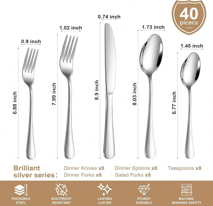 Lazycorner Silverware Set 40 Piece Stainless Steel Flatware Set Silverware Utensils for 8 People Includes Forks Knives Spoons & Salad Forks Dishwasher Safe for Home Restaurant or Outdoor Use