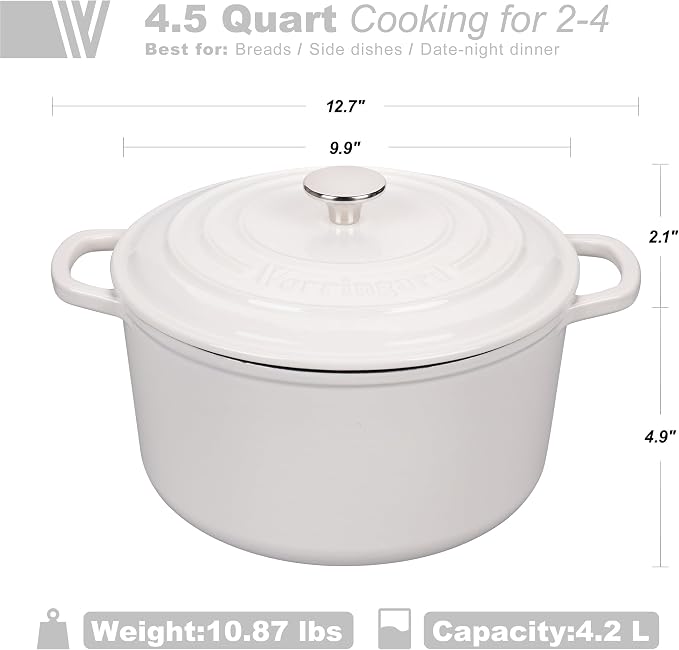Enameled Cast Iron Dutch Oven Pot with Lid, for Sourdough Bread Baking, Round Dutch Ovens, 4.5 Quart, White
