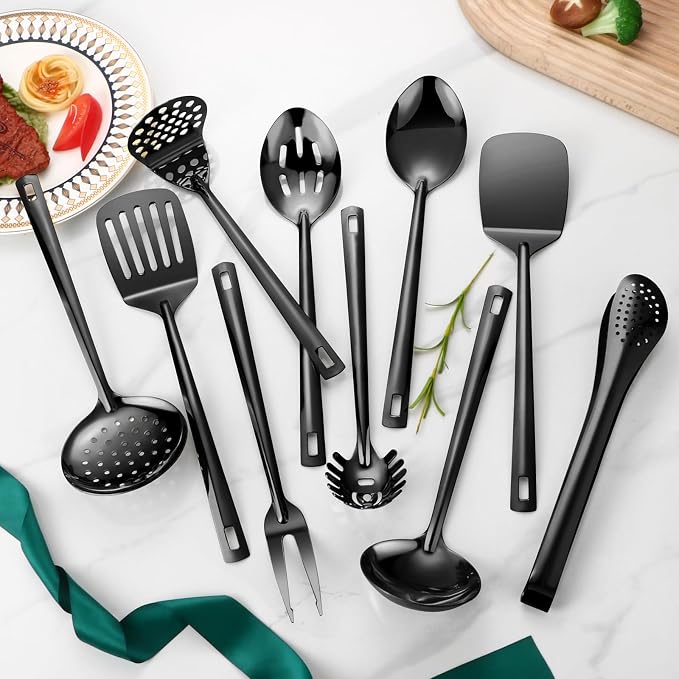Stainless Steel Kitchen Utensils Set,11pcs Cooking Utensils Set with Holder | Black Metal Kitchen Tool Set for Cooking with Turners, Potato Masher, Spatula, Spoons, Pasta, Tongs