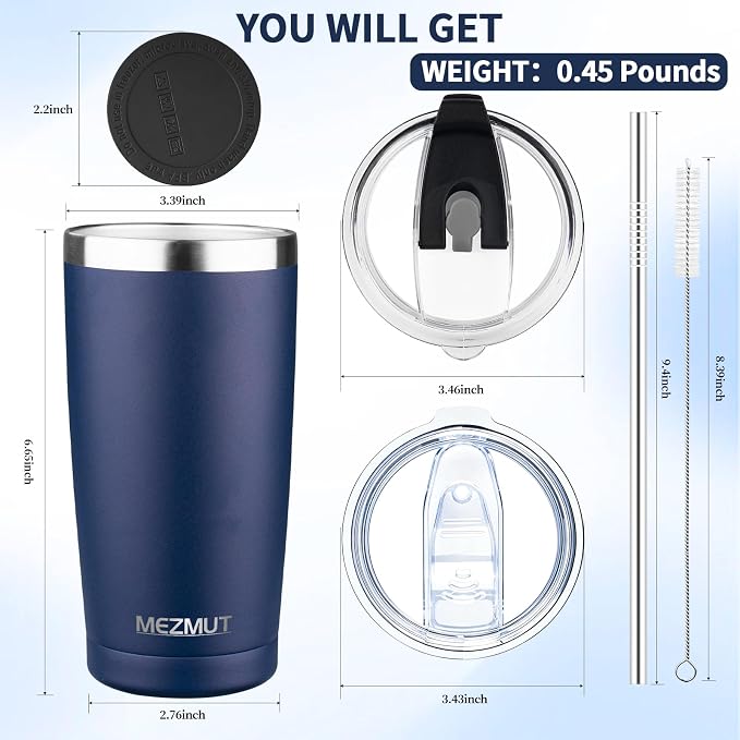 MEZMUT 20oz Insulated Tumbler Travel Coffee Mug with Lid Straw(Navy Blue,1) | 18/8 Stainless Steel Double Wall Vacuum Spill Proof Metal Insulated Tumbler with Daul Lid and Straw, Hot or Iced Coffee Cup