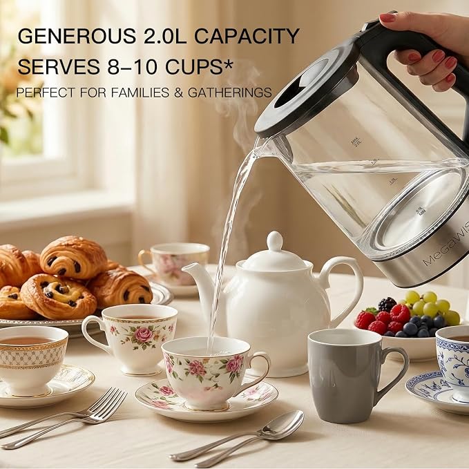MEGAWISE 2L Electric Kettle, 1000W, BPA-Free Large Water Jug with Handle & Time Markers, Motivational Leak-Proof Bottle for Office, Home, Gym - Ensure Daily Hydration