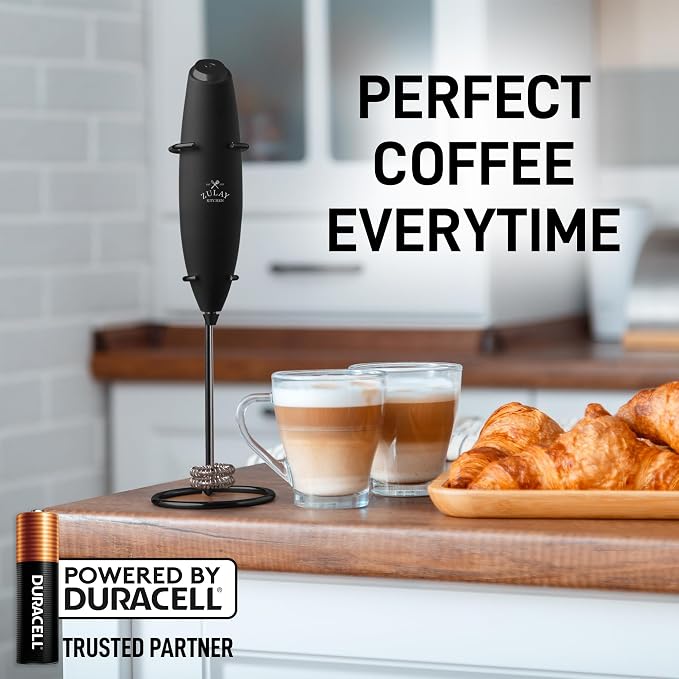 Zulay Kitchen Powerful Milk Frother Wand With Duracell Batteries - Ultra Fast Handheld Drink Mixer - Electric Whisk Foam Maker for Coffee, Lattes, Cappuccino & Matcha - Double Whisk - Exec Black