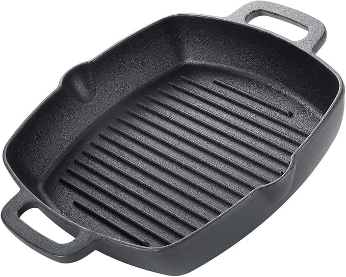 Cast Iron Grill Pan, 11 Inch Griddle Pan for Stove Top, Square Grill Pan with Handles for Stoves, Ovens, Barbecue