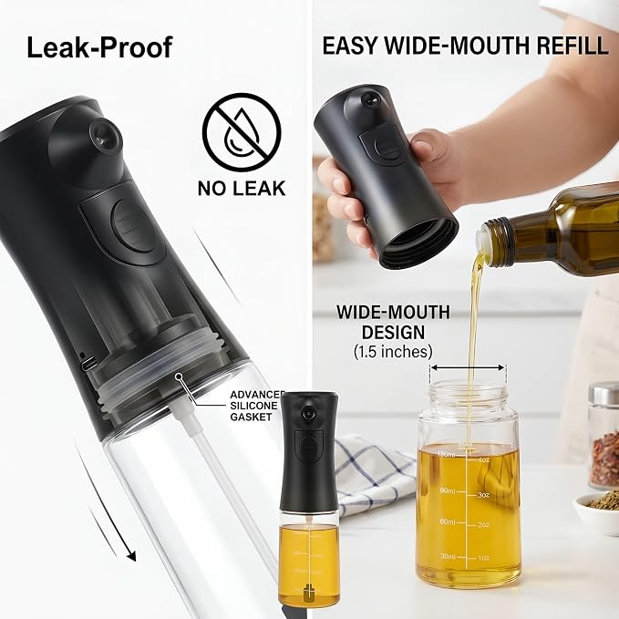 Electric Oil Sprayer for Cooking, Rechargeable Glass Olive Oil Mister, Battery Powered Continuous Fine Mist Spray Bottle for Air Fryer, Salad, BBQ, Kitchen - Uniform Spraying, Leak-Proof