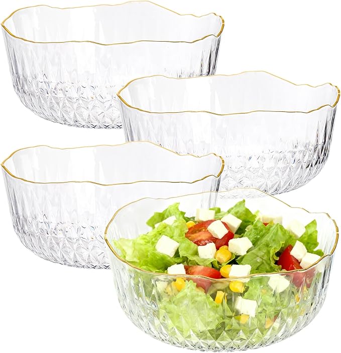 Frcctre 4 Pack 70 Ounce Small Clear Plastic Serving Bowls, 8 Inch Round Plastic Salad Mixing Bowl Reusable and Disposable Catering Bowls for Party, Salad, Fruit, Snack, Chip, Popcorn