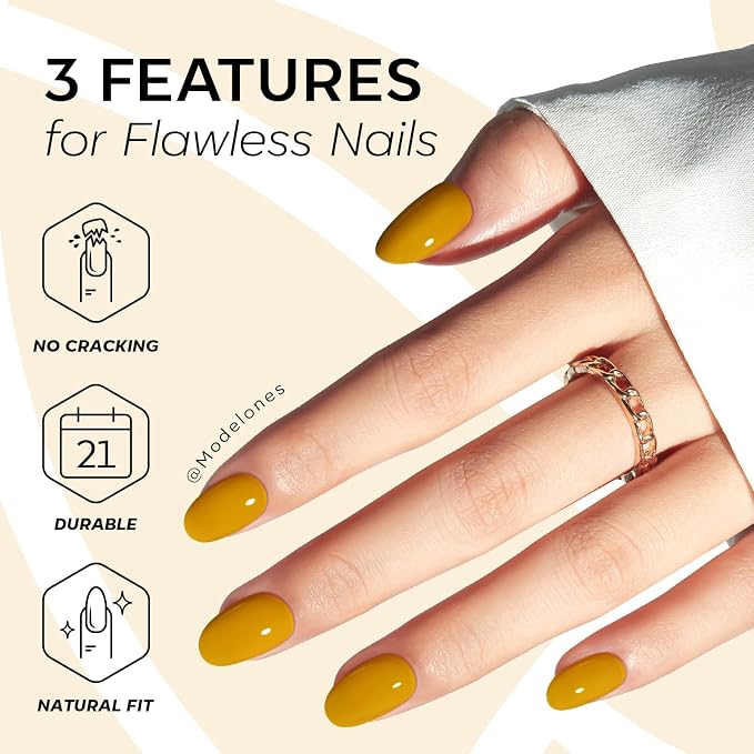 modelones Ginger Yellow Short Press on Nails, Oval Fake Nails Kit | Press Ons with Nail Glue, Adhesive Tabs, Nail File, Prep Pad, Manicure Stick, 32Pcs 16 Sizes, Summer Women Girl Gift