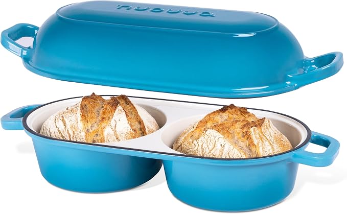 Dutch Oven For Sourdough Bread Baking – Enamelled Cast Iron Bread Loaf Pot – 500°F Oven Safe Non Stick Bread Pot – Double Round Loaf Space, 16.5cm Diameter, Light Blue, – by Nuovva