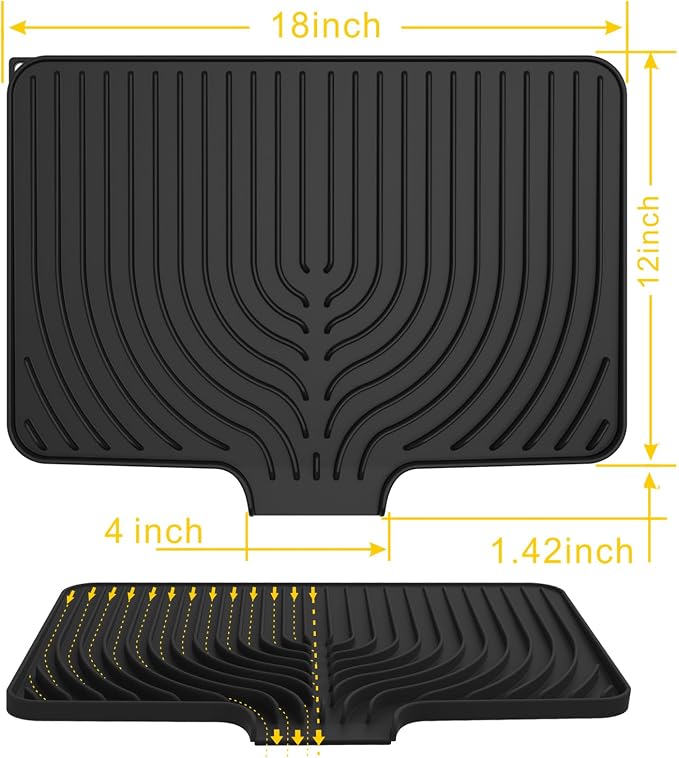 Dish Drying Mat for Kitchen Counter, 18"x12" Dish Drying Rack(black) | Various Sizes & Colors,Steep-Slope Built in Drain,High-fin Ventilation,Food-grade Silicone,500F heat resistant,for Flat sinks