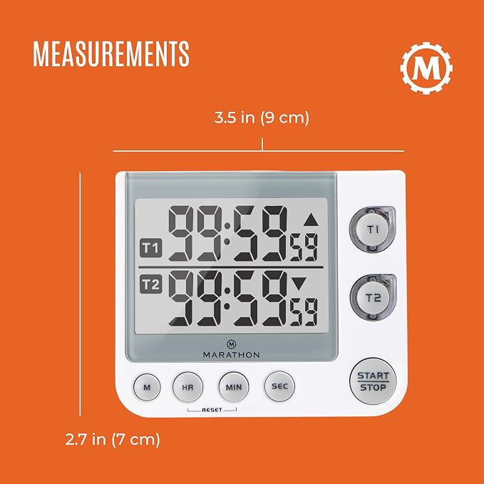 MARATHON Dual Digital Timer, 100-Hour Count Up/Down, Large Display, White | Adjustable Alarm Volume, Flashing Visual Alert, Magnetic Back and Tabletop Stand