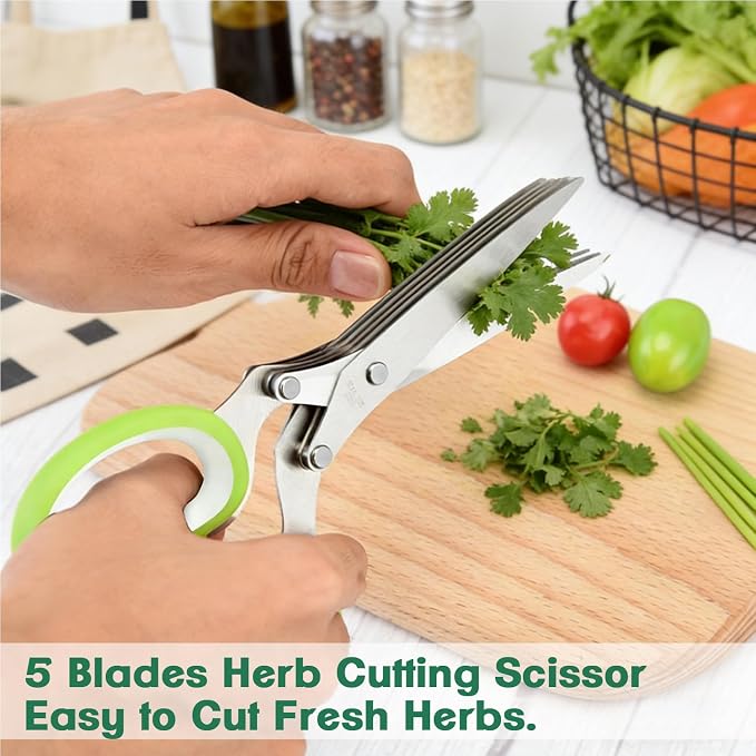 Herb Scissors & Herb Stripper Wooden Vegetable Leaf Separator, Multipurpose 5 Blade Kitchen Salad Scissors, Exquisite Herb Stripper Gifts for the Kitchen Suitable for Home Use