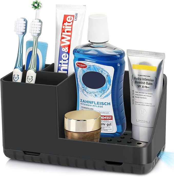 Toothbrush Holders for Bathroom Counter Organizer and Storage (Black) | Easy To Clean, Drainage, Non-Slip, Detachable, Kids Electric Toothbrush Organizer for Bathroom