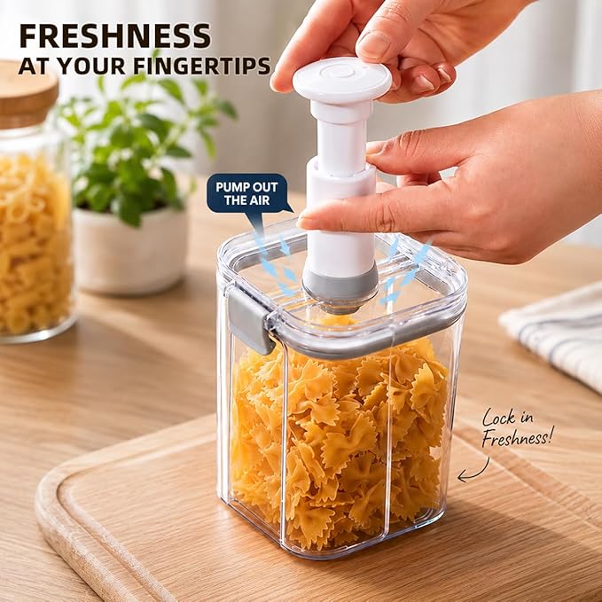 4-Piece Airtight Vacuum Food Storage Containers with Hand Pump, Reusable Leak-Proof Plastic Canisters for Longer Freshness (1.43 QT, 0.95 QT*2, 0.41 QT)