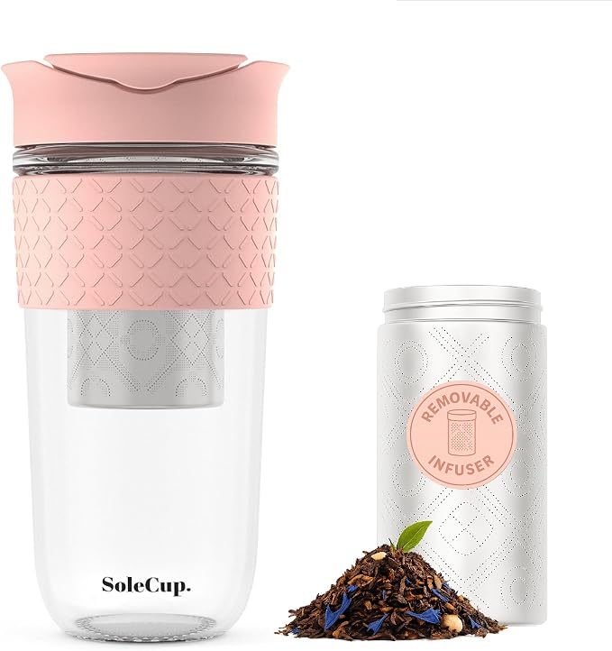 Large Travel Mug Loose Tea Infuser - Detachable Tea Strainer with Spill Proof Lid - 18oz/530ml BPA-Free Reusable Glass Travel Coffee Cup with Silicone Band (Pink, 18oz)