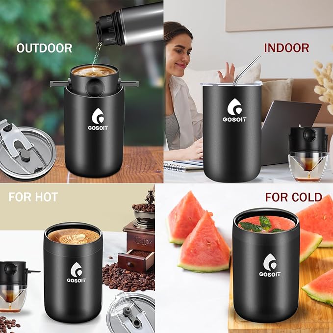 Portable Pour Over Coffee Maker Kits Coffee Filter Mug Coffee Drippers Cup Bottle Includ Straw Cleaning Brush and Spoon for Home Office,Travel, Camping 20Oz