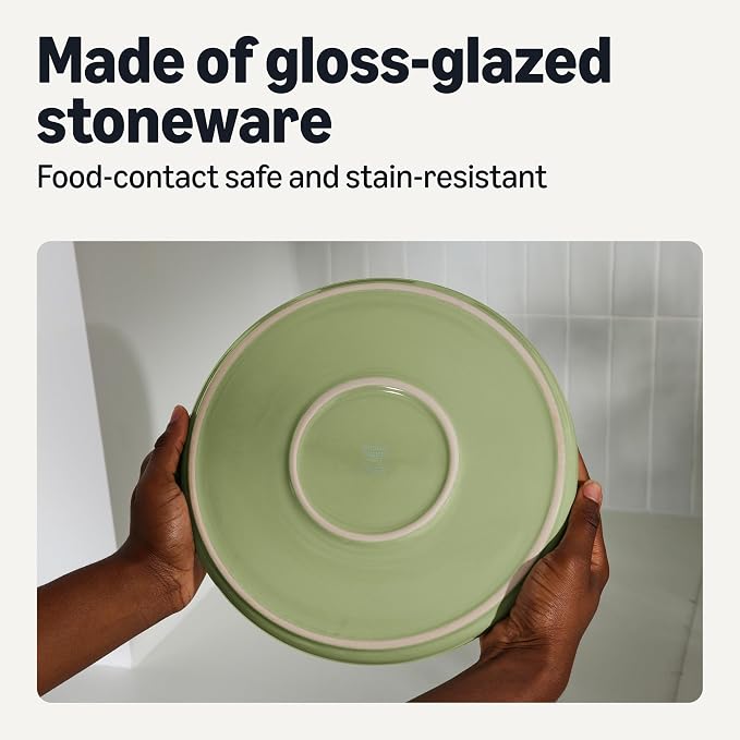 Amazon Basics Glazed Stoneware Dinner Plates, Ceramic 4-Piece Set, Microwave, Dishwasher and Freezer-Safe, 10.5 in., Olive