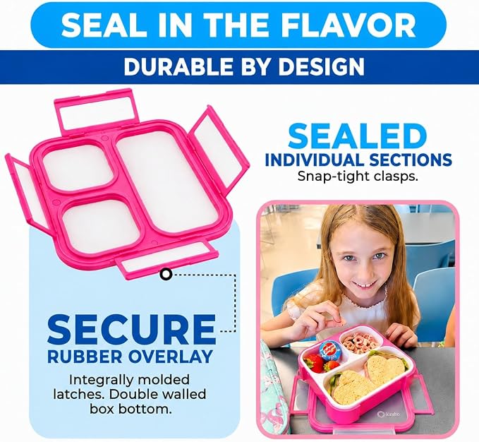 kinsho Bento Box for Kids, Toddler Lunch Boxes for Small Boys Girls in School Daycare, Leak Proof 3 Compartment Containers for Portion Control Snacks for Adults, BPA Free. Medium Blue Pink 2 Pack