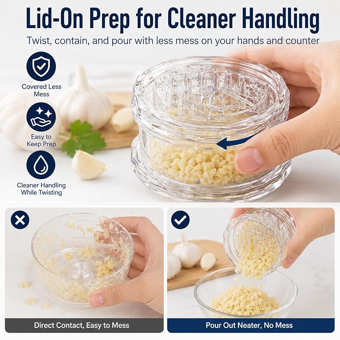 Transparent Manual Garlic Twister & Mincer, 2-Pack Multi-Functional Grinder for Garlic, Onion, Ginger, Herbs, Nuts, Impact Resistant Kitchen Gadget