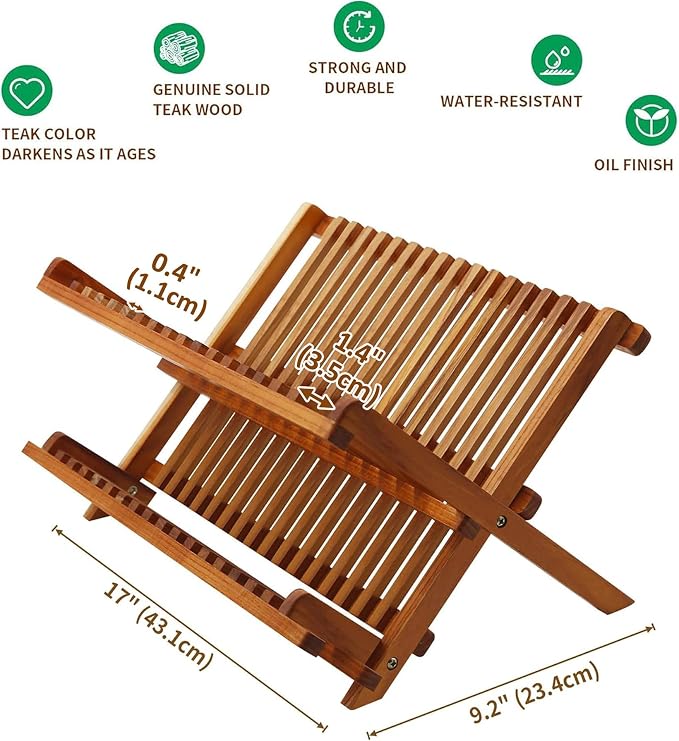 Utoplike Teak Wood Dish Drying Rack, Foldable Plate Organizer Countertop | Dishes Drainer Racks Collapsible, Small Holder for Cups, Bowls, Pans, Pots, Compact Kitchen Counter, 2 Tier, Space Saving