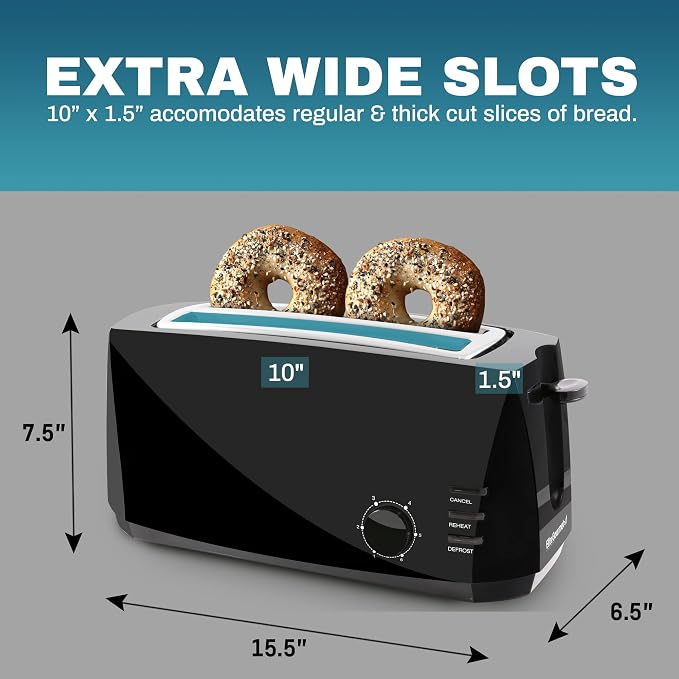 Elite Gourmet ECT4829B 4-Slice Long Slot Toaster, Extra-Wide Slots, Black | 6 Toast Settings, Defrost, Reheat & Cancel Functions, Slide-Out Crumb Tray, Great for Bagels & Waffles