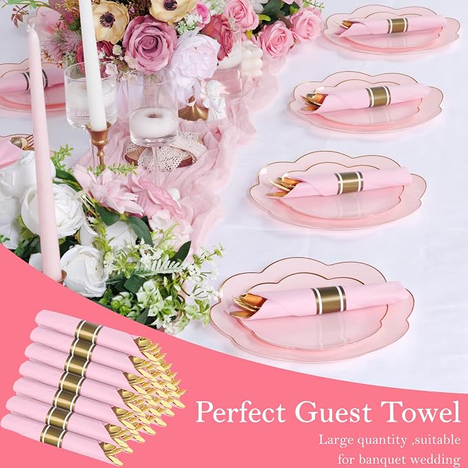30 Pack Gold Plastic Silverware Set with Pre Rolled Pink Napkin | Heavy Duty Disposable Wrapped Cutlery with Pink Linen Feel Napkins for Birthdays, Weddings, Parties & Special Events