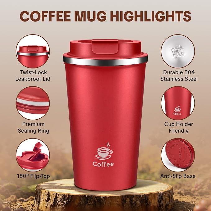 17oz Travel Coffee Mug ,Leakproof Vacuum Coffee Cup Insulated Tumbler | 304 Stainless Steel, Double-Wall Vacuum Insulated, Leakproof, Fits Hot & Cold Drinks Car Cup Holders, Travel, Office