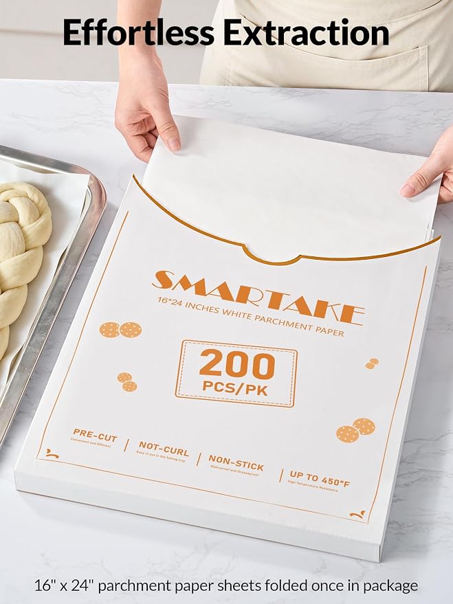SMARTAKE 200 Pcs White Parchment Paper Sheets, 16x24 Inches, Non-Stick | Pre-Cut Greaseproof Baking Paper, Pure Wood Pulp, Oven Safe up to 450°F, for Cooking, Grilling, Frying, Steaming, Wrapping